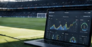 Laptop med klubdata på et stadion